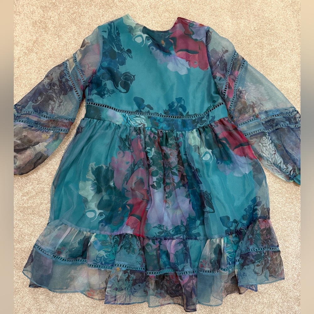 Cynthia Rowley Teal Watercolor Organza Mini Dress - size Small - PRISTINE - Picture 14 of 15